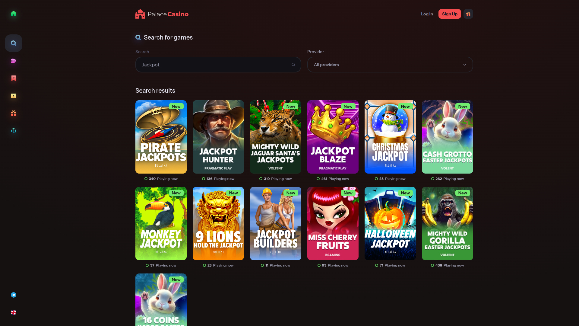 Джекпот Palace Casino для настольных компьютеров