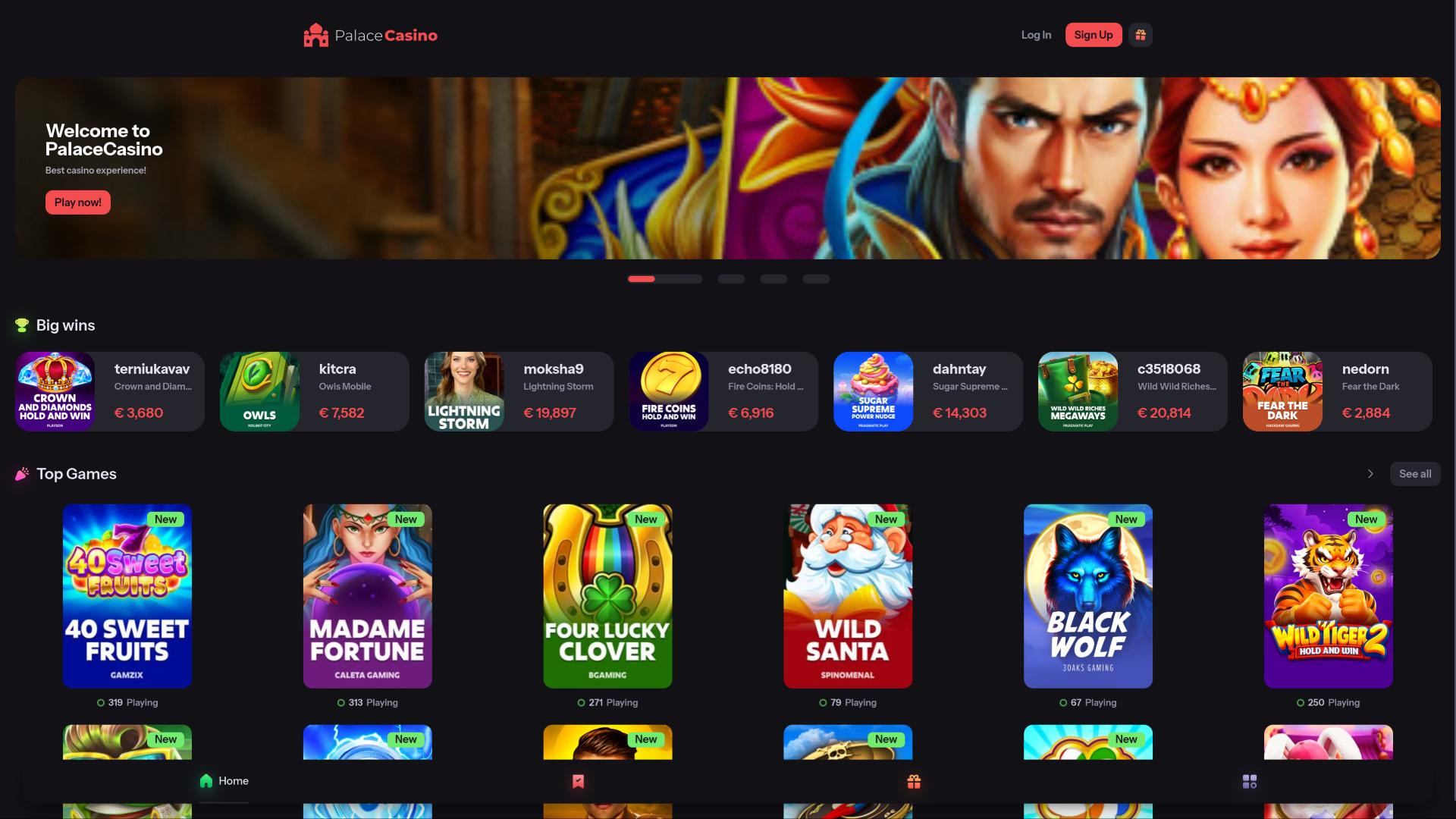 Homepage des Palace Casino
