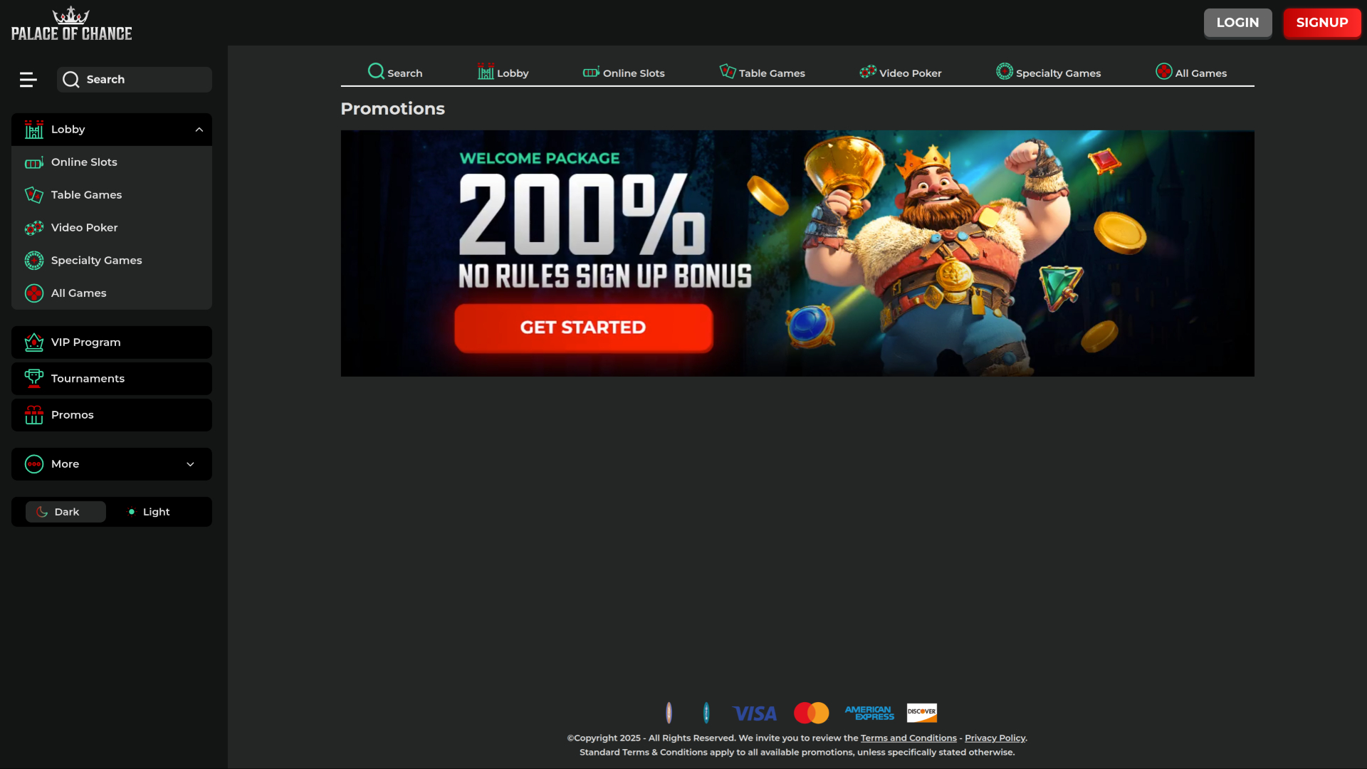 Promozioni desktop di Palace of Chance