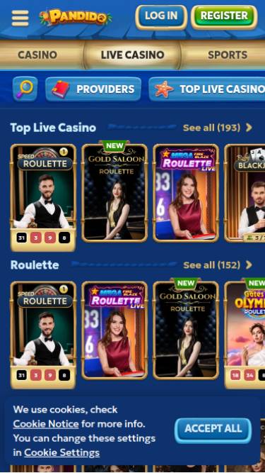 Captura de pantalla móvil en vivo del Casino Pandido