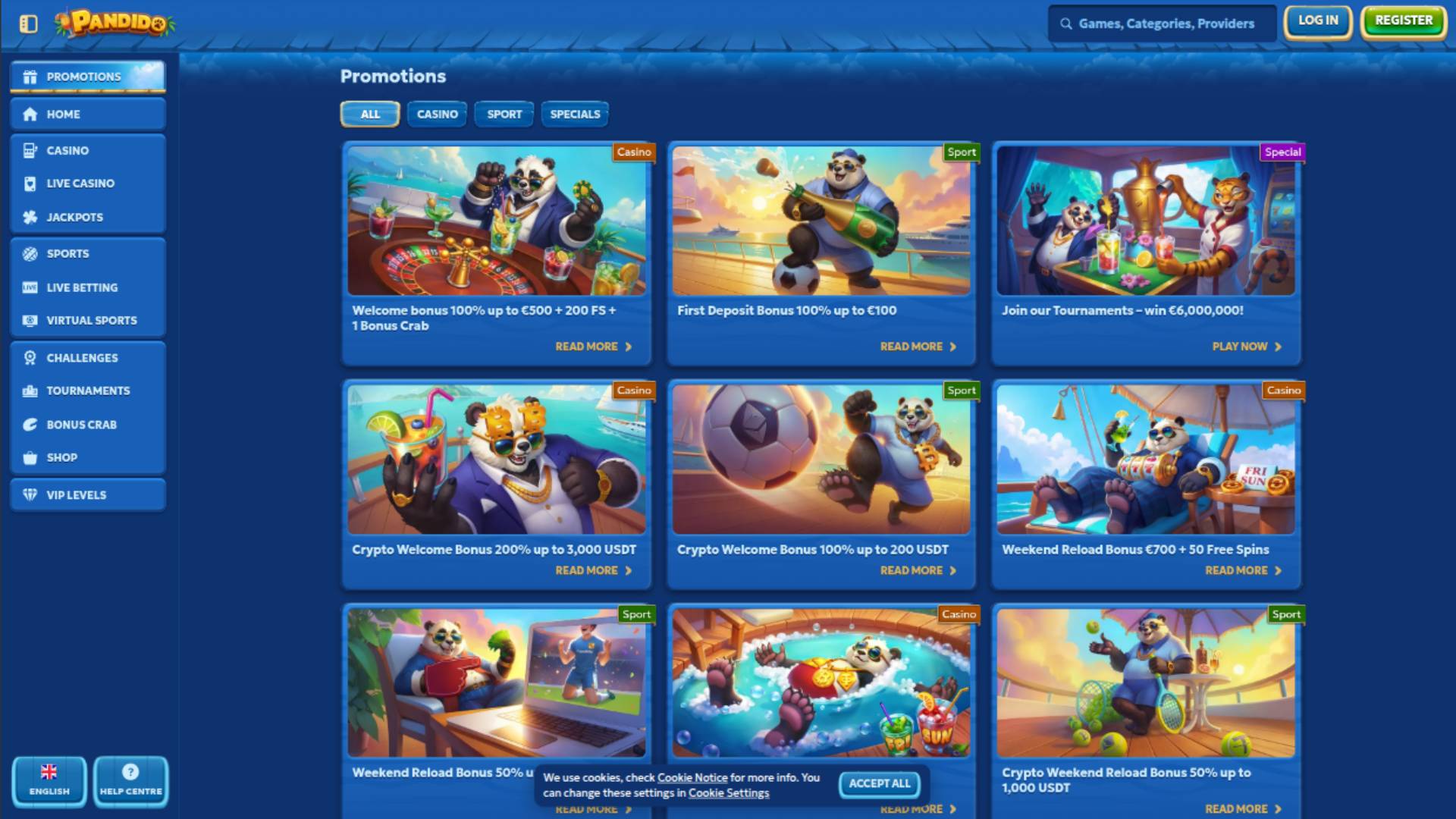 Captura de pantalla de la página de promociones del Casino Pandido