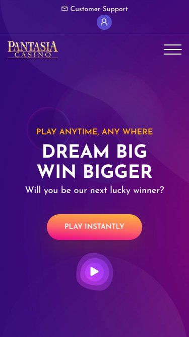 Homepage mobile di Pantasia Casino