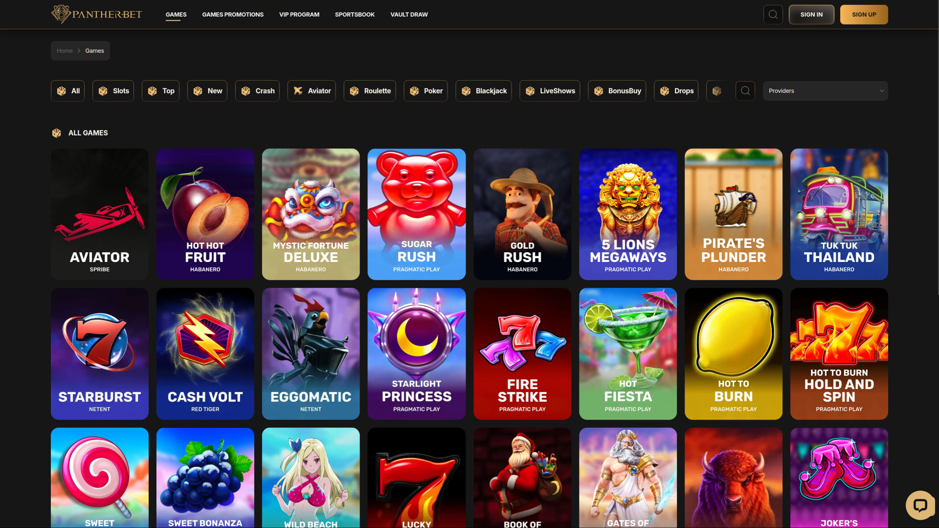 Jeux de casino PantherBet sur ordinateur