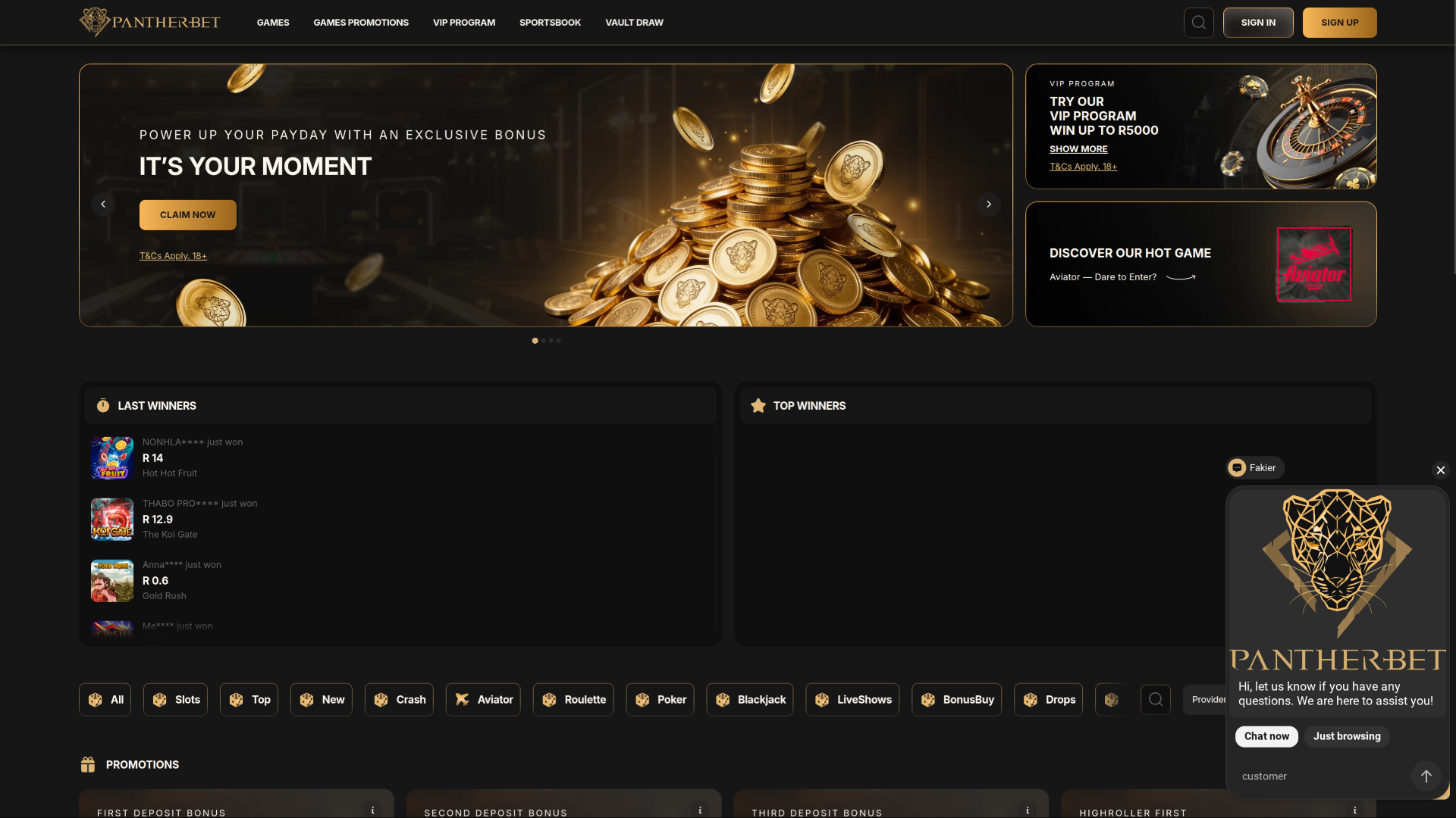 Page d'accueil du casino PantherBet pour ordinateur