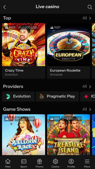 Casino mobile Parimatch avec croupier en direct