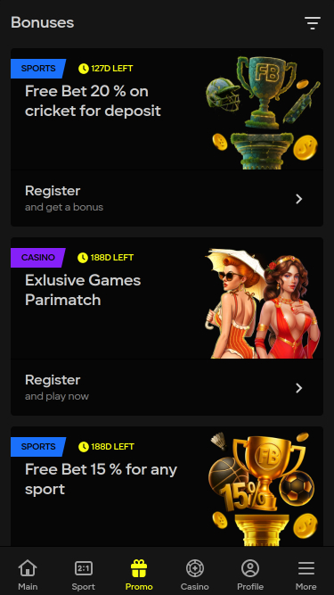 Promotions mobiles du casino Parimatch