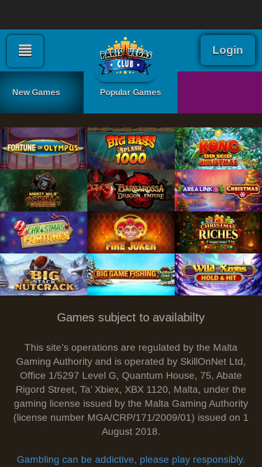 Homepage mobile del casinò Paris Vegas