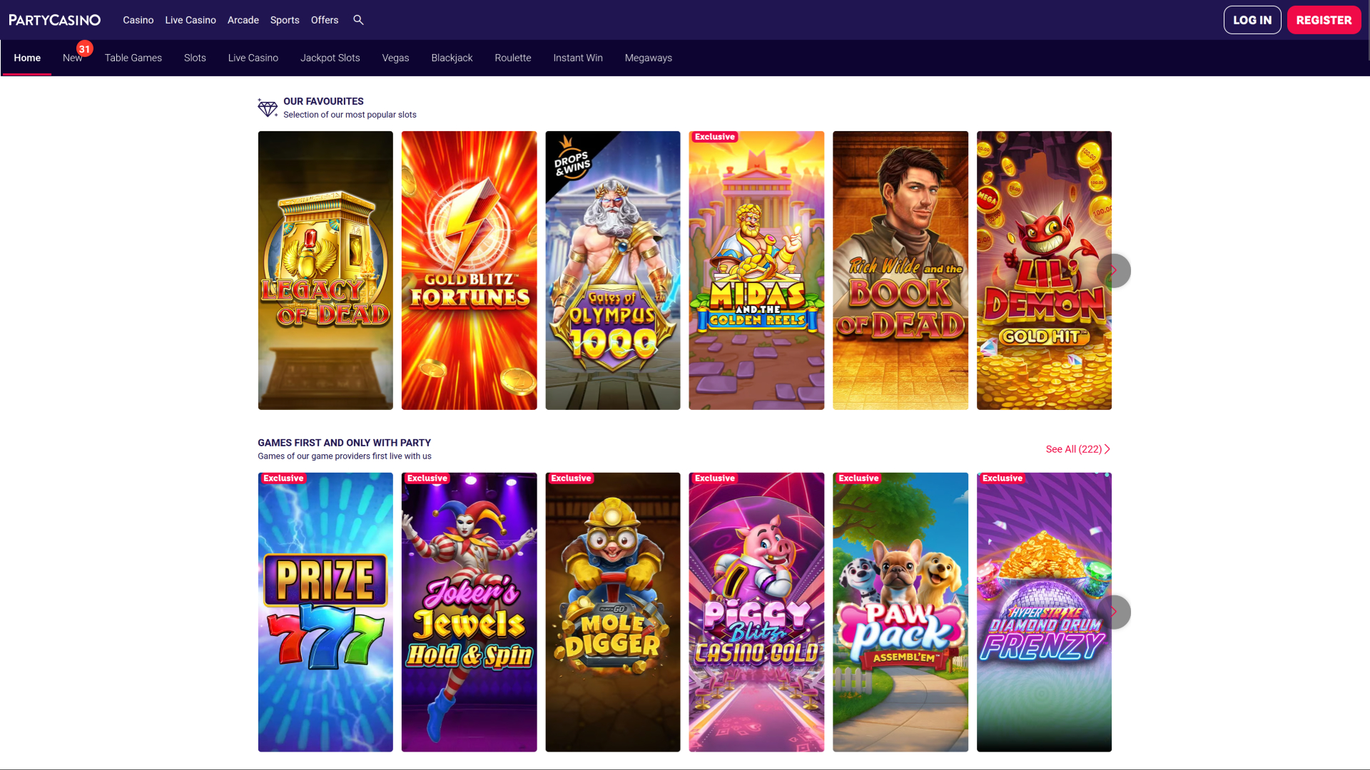 Page d'accueil de PartyCasino pour ordinateur