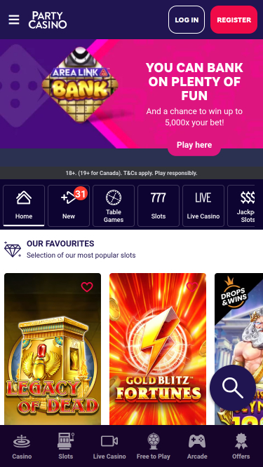 Page d'accueil mobile de PartyCasino