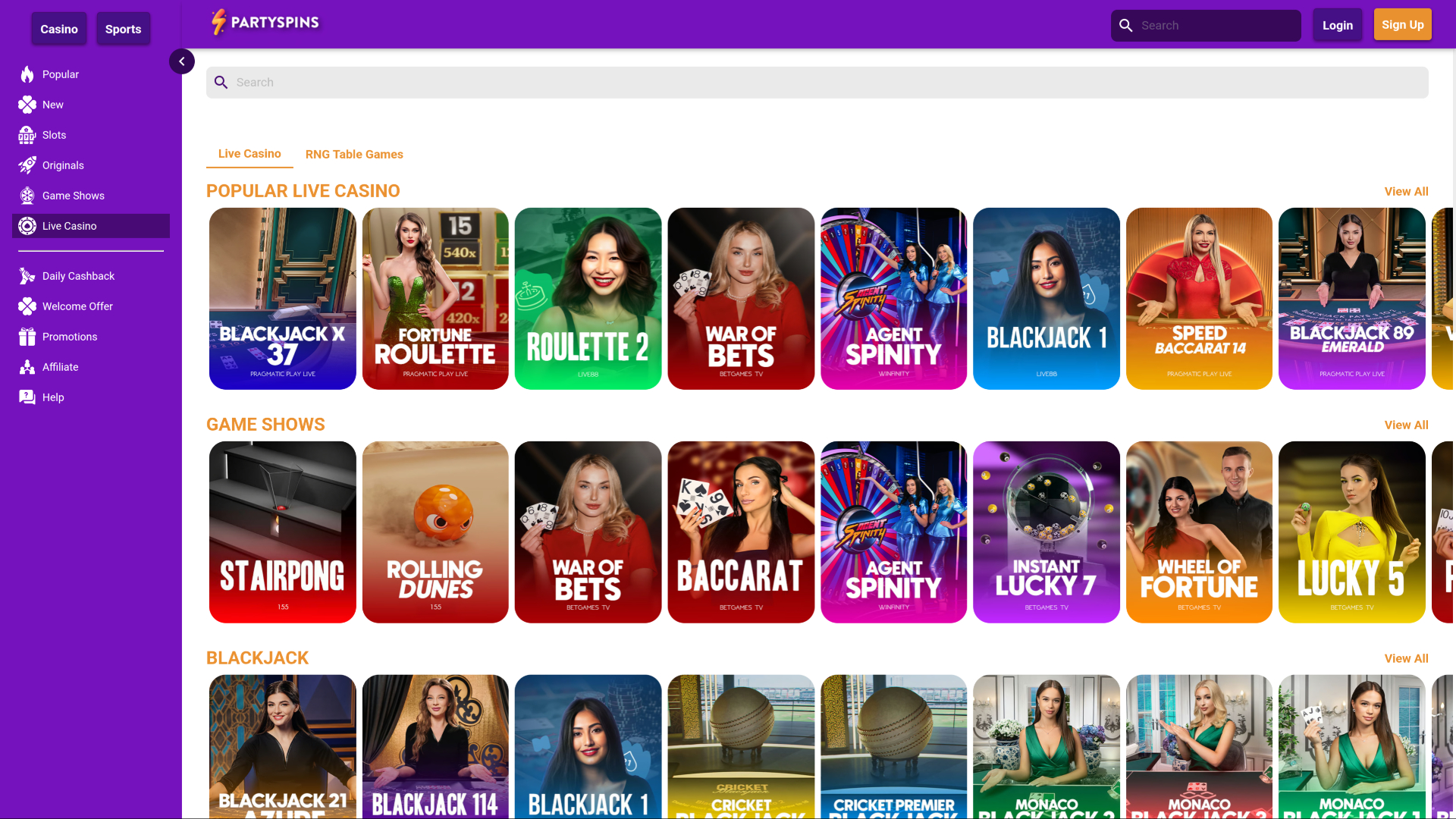 Casino PartySpins pour ordinateur avec croupier en direct