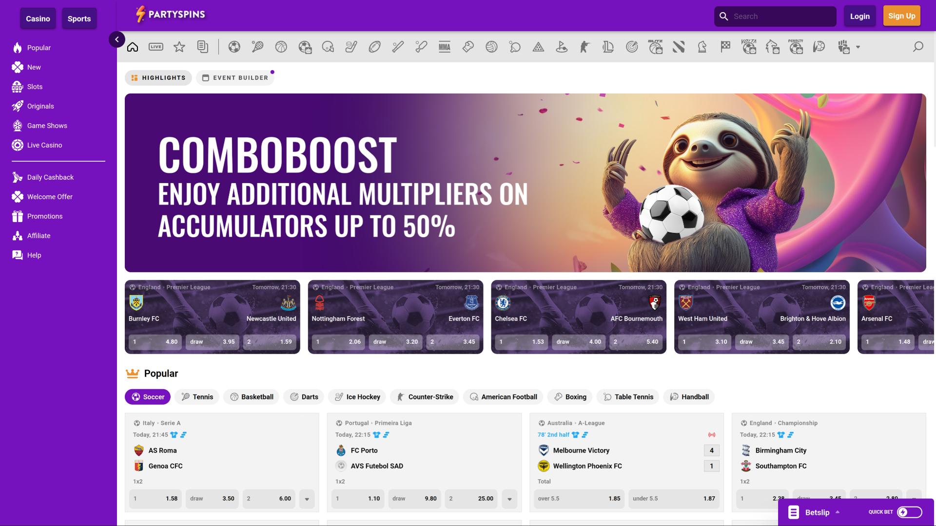 Jeux sportifs sur ordinateur de casino PartySpins