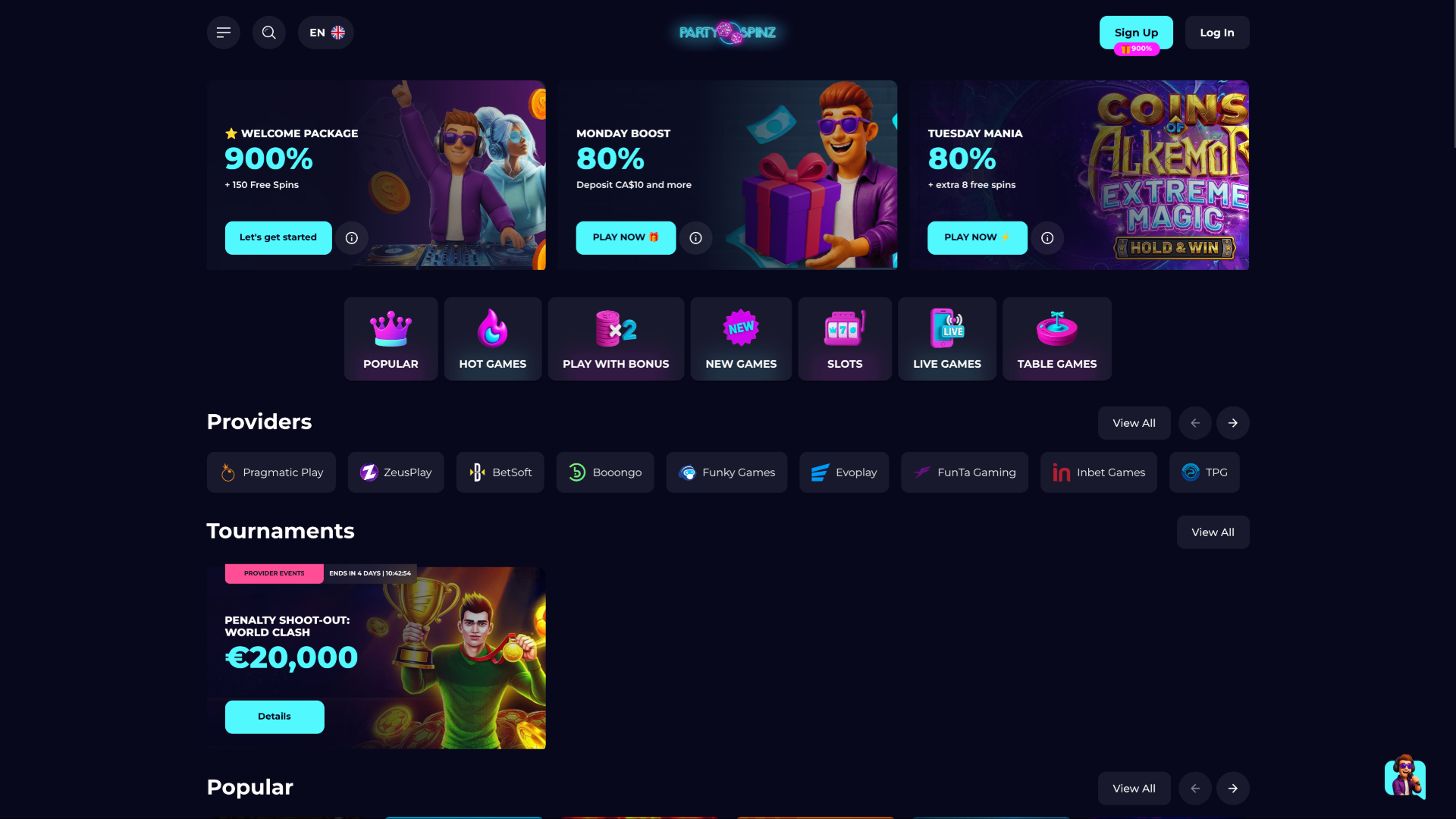 لقطة شاشة للصفحة الرئيسية لكازينو PartySpinz لأجهزة الكمبيوتر