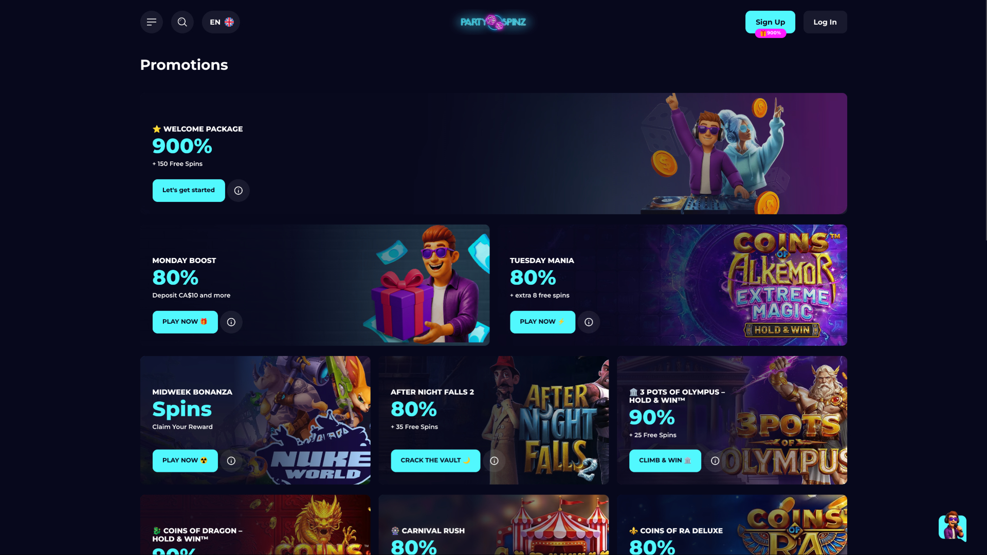 لقطة شاشة لعروض كازينو PartySpinz لأجهزة الكمبيوتر