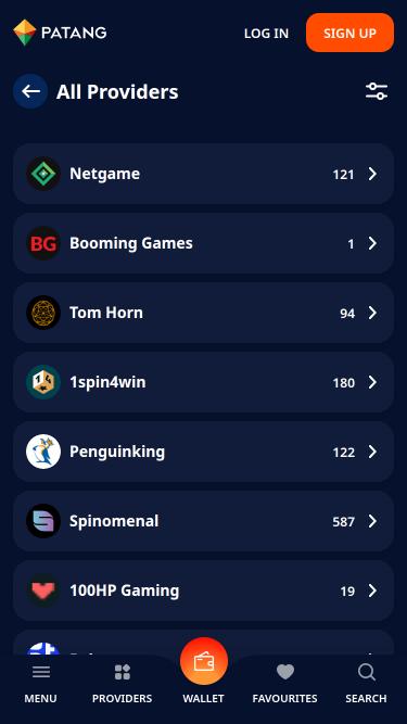 Мобильная страница разработчиков игр казино Patang