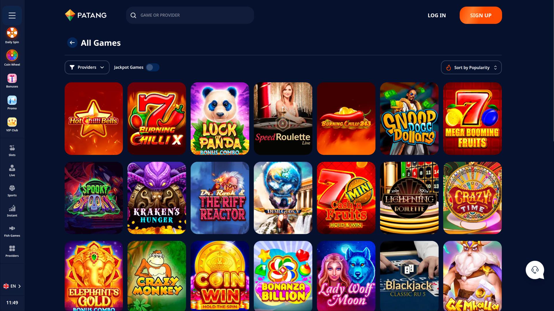 Страница игр казино Patang