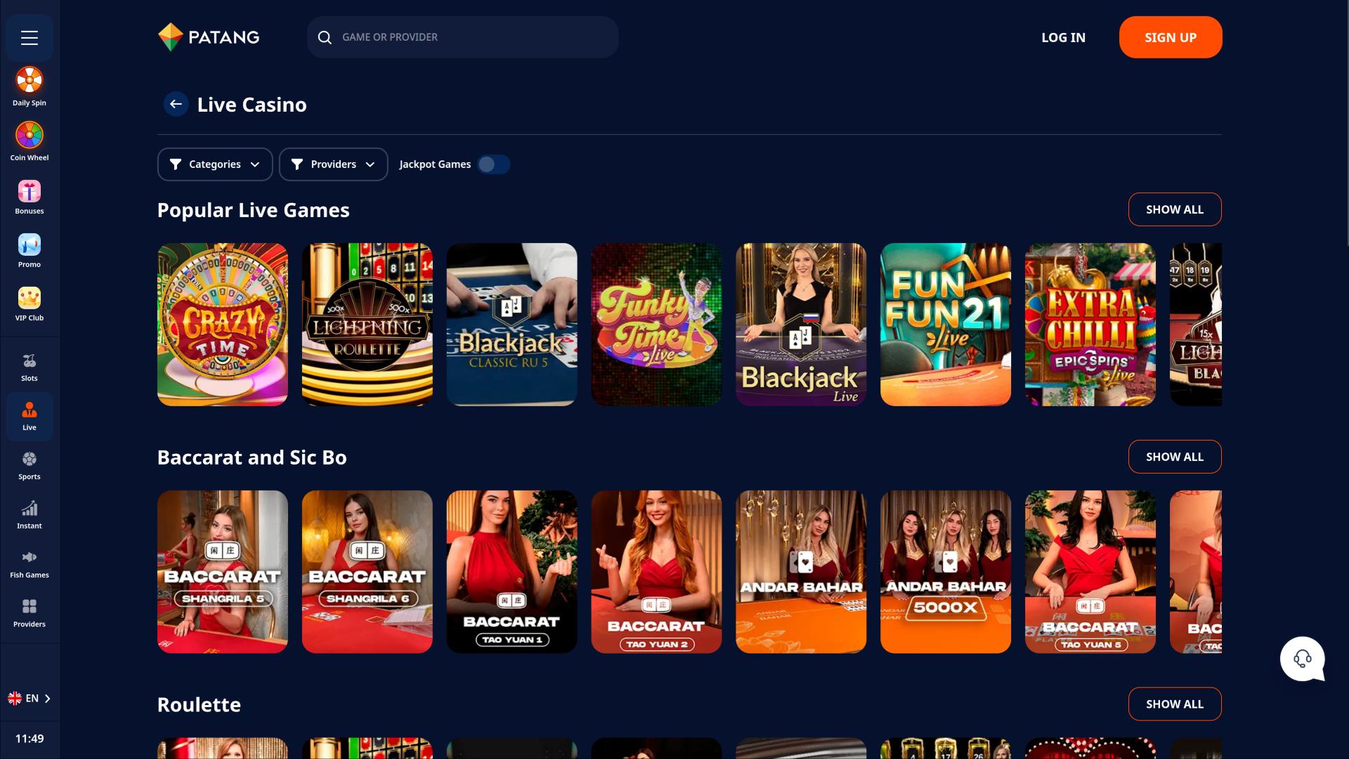 Страница казино Patang с живым дилером