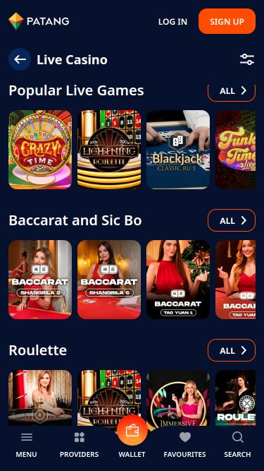 Мобильная страница казино Patang с живым дилером