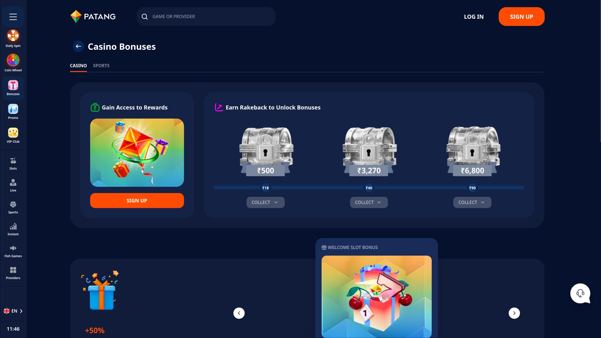 Страница акций казино Patang