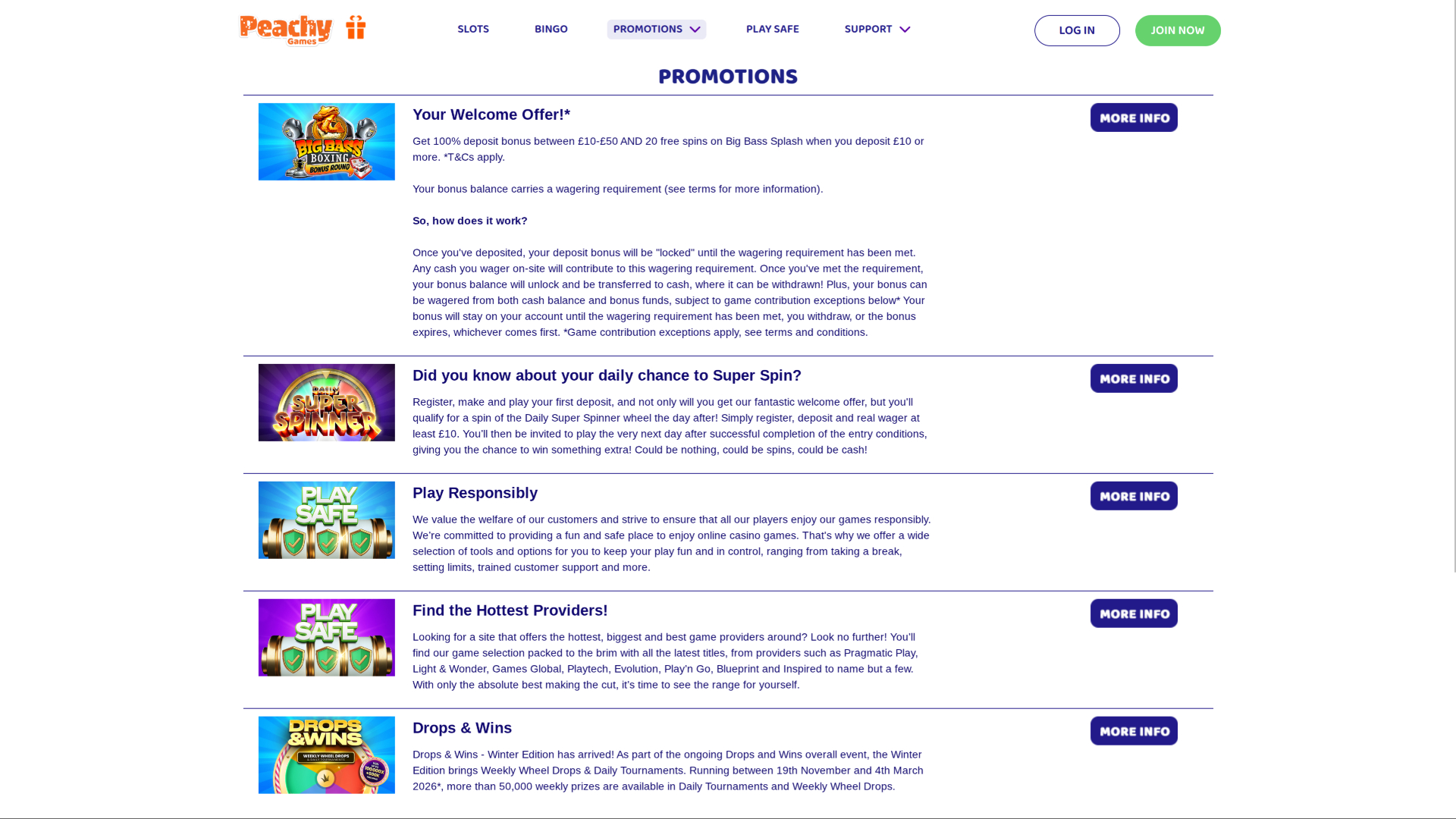 Promotions pour ordinateur de bureau du casino PeachyGames