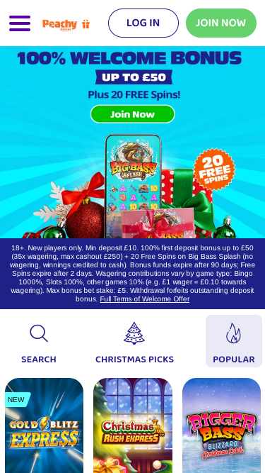 Page d'accueil mobile du casino PeachyGames