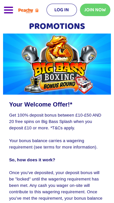 Promotions mobiles du casino PeachyGames