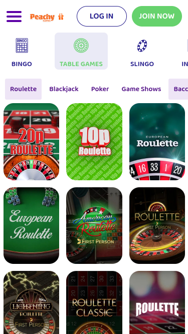 Jeux de table mobiles du casino PeachyGames