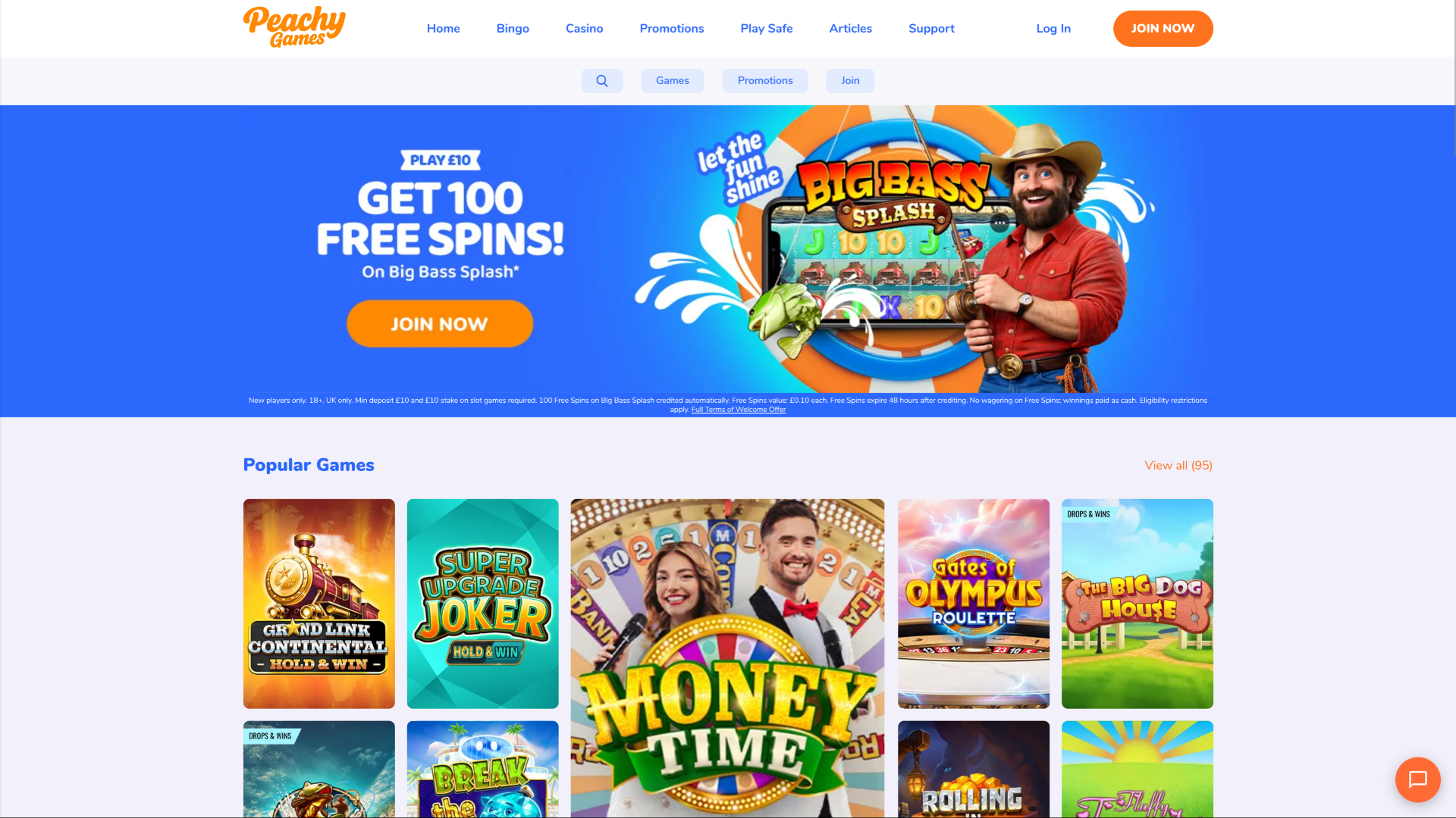 Página de inicio de PeachyGames Casino para escritorio
