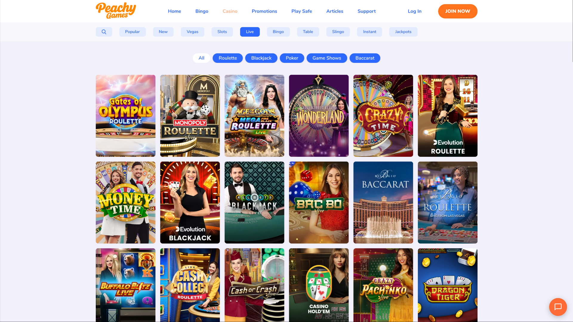 Casino PeachyGames con crupier en vivo para escritorio