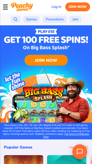 Página de inicio móvil del casino PeachyGames