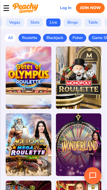Casino móvil PeachyGames con crupier en vivo