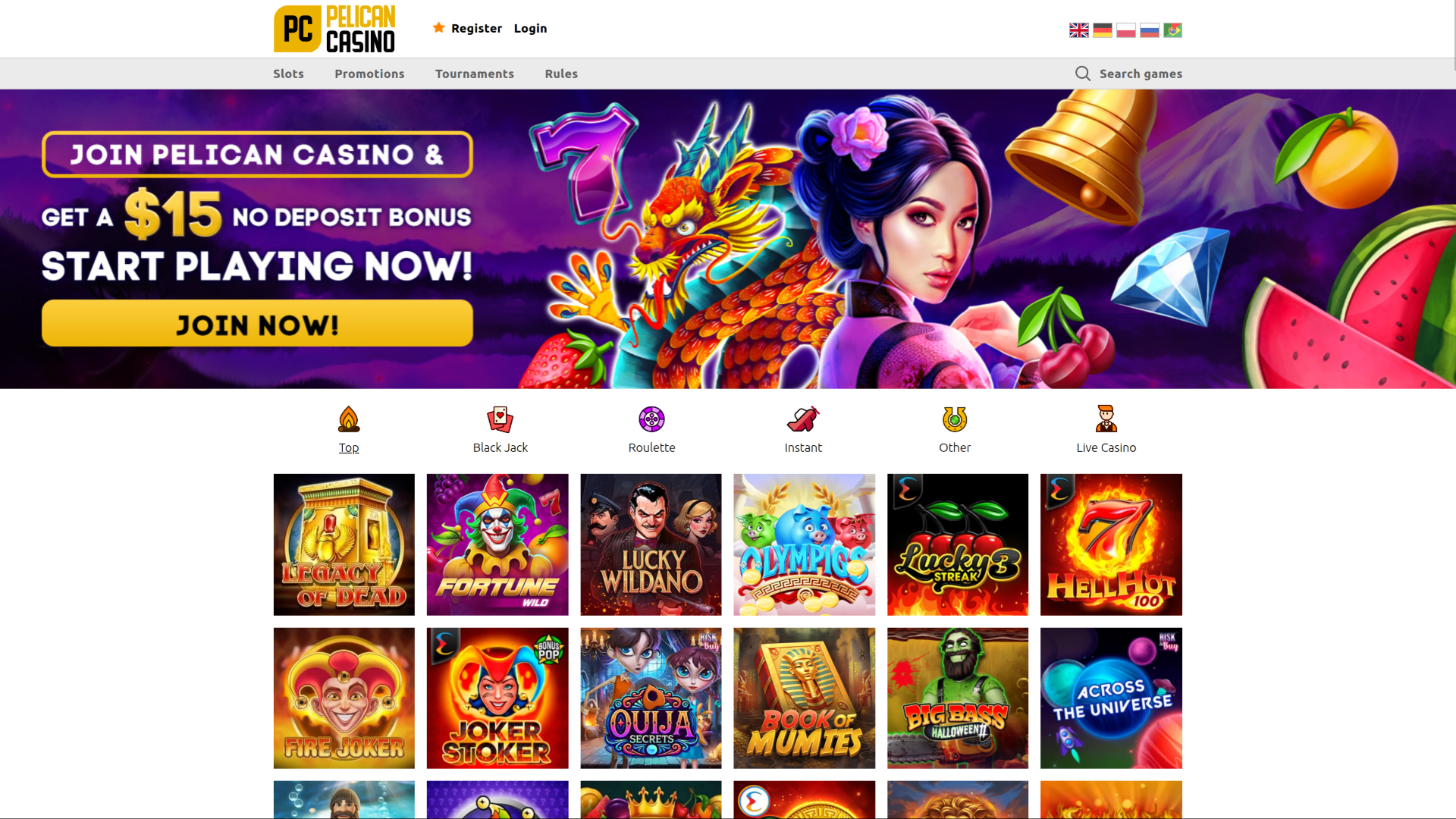 Page d'accueil de Pelican Casino (version ordinateur)