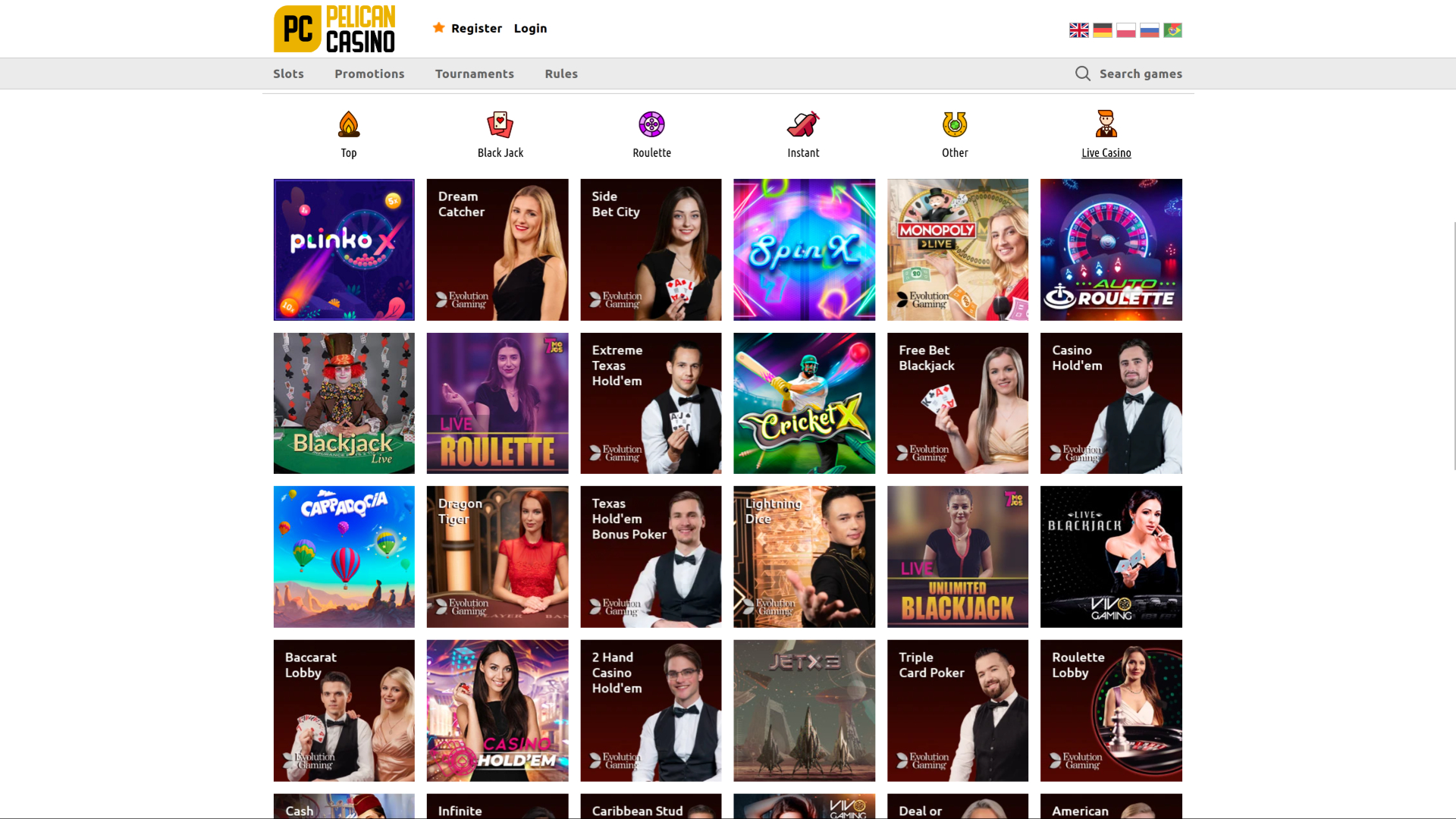 Casino Pelican sur ordinateur avec croupier en direct