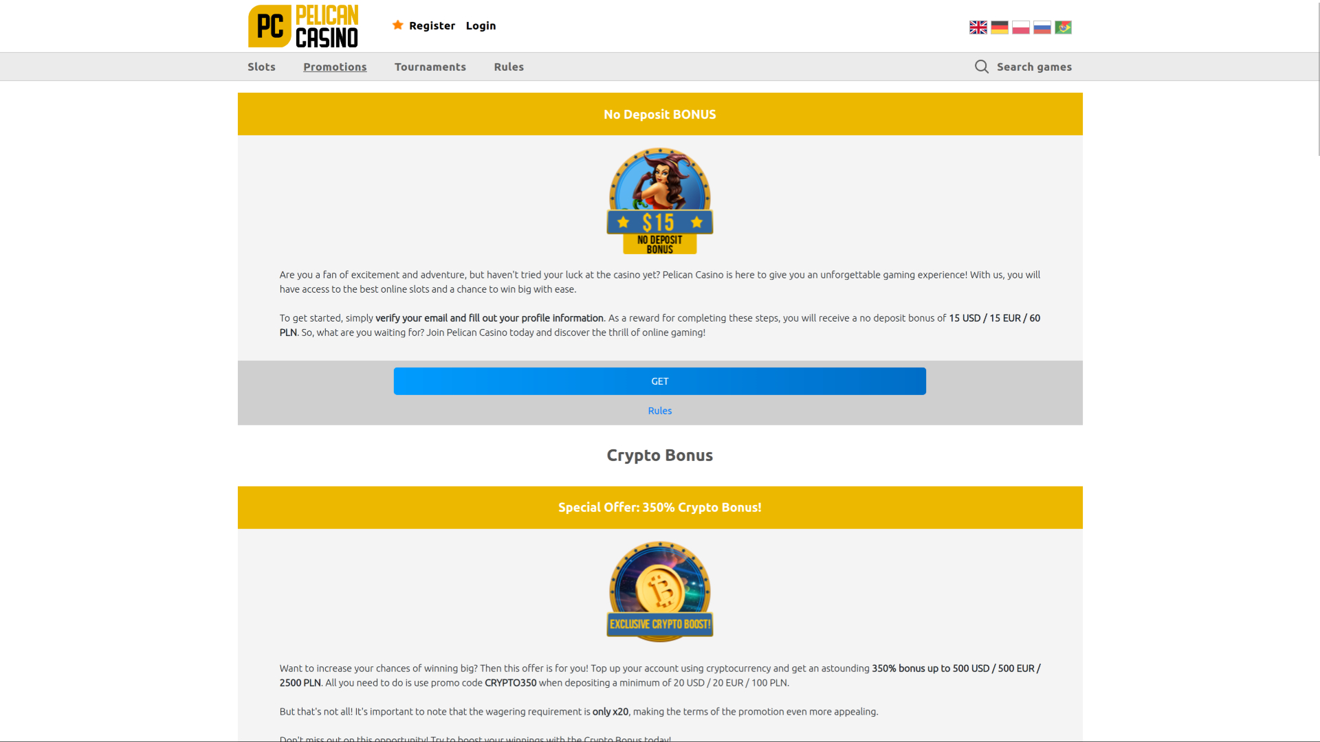 Promotions sur ordinateur du casino Pelican