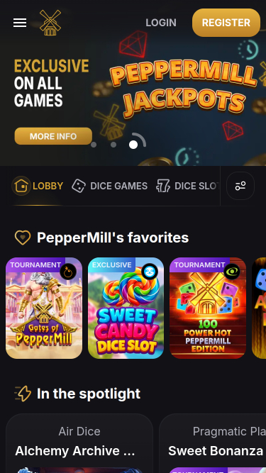 Page d'accueil mobile du casino PepperMill