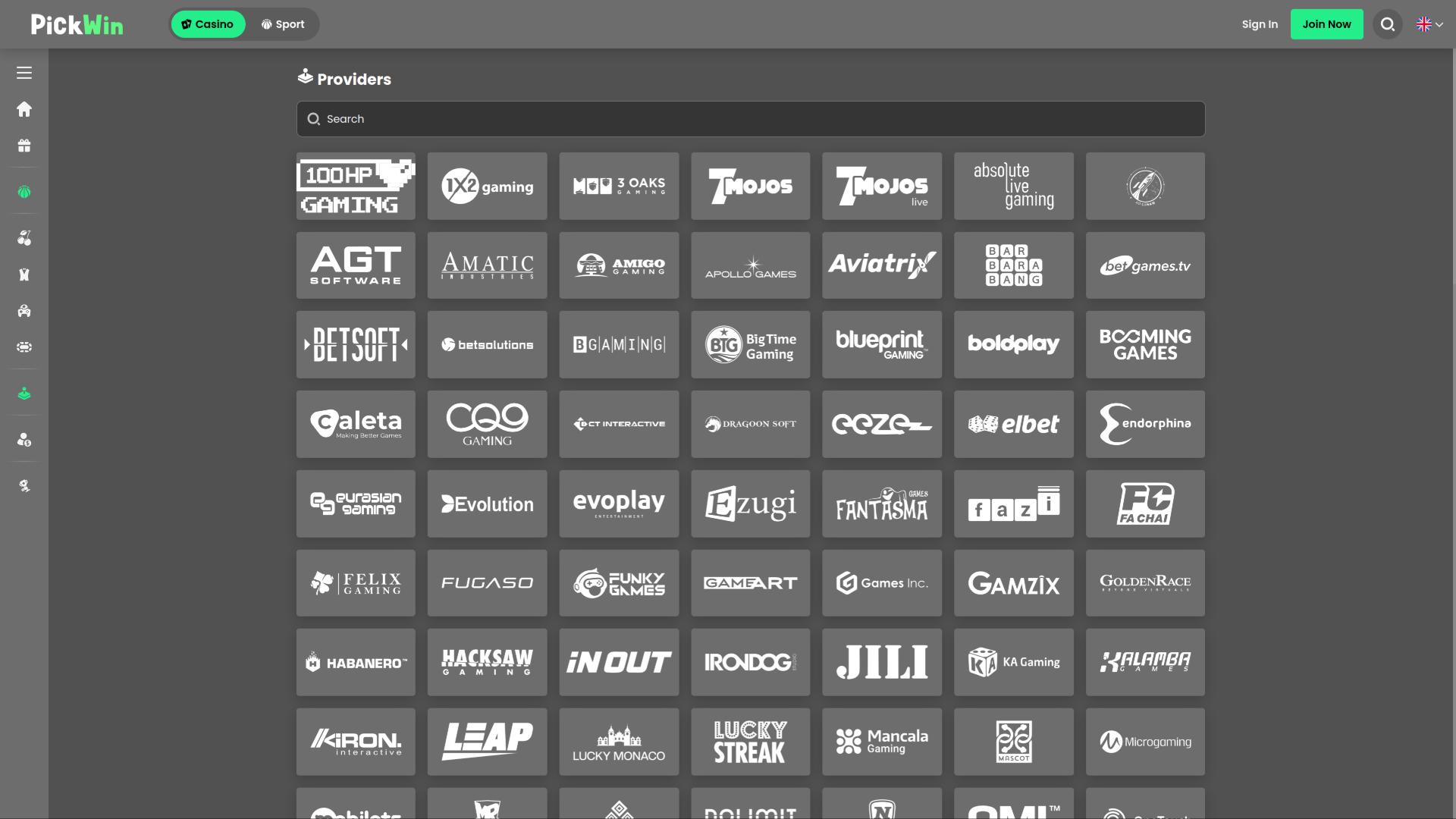 Page des développeurs du jeu PickWin Casino