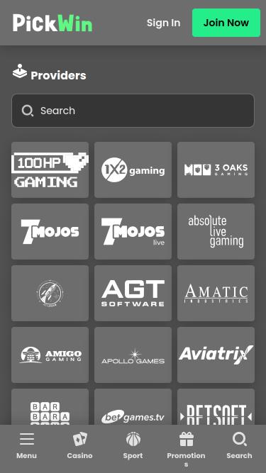 Page mobile des développeurs de jeux de casino PickWin