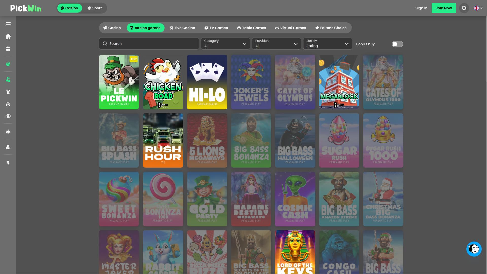 Page des jeux de casino PickWin