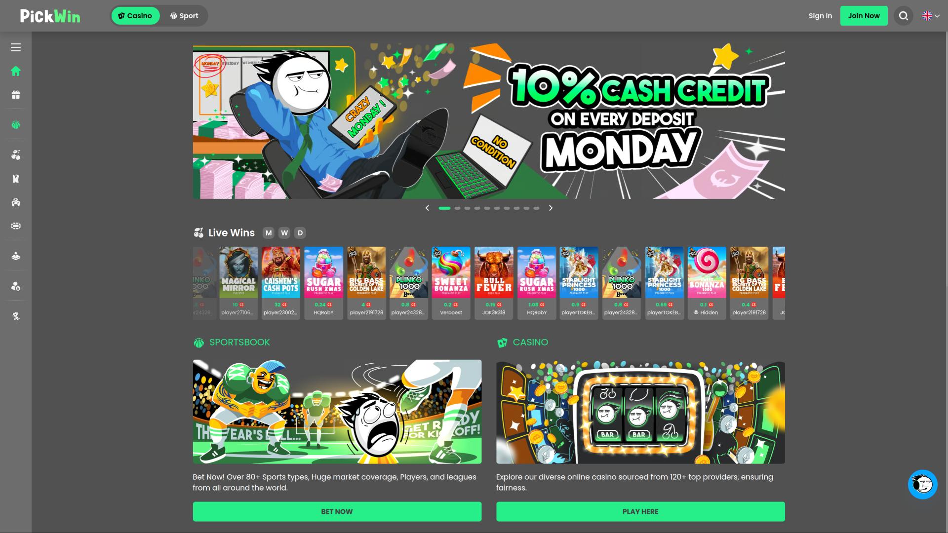 Page d'accueil du casino PickWin