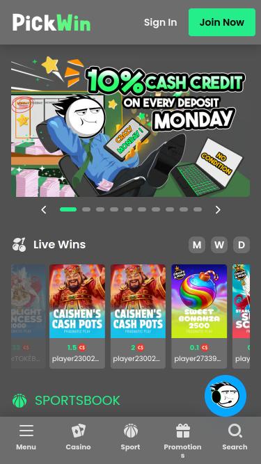 Page d'accueil mobile du casino PickWin