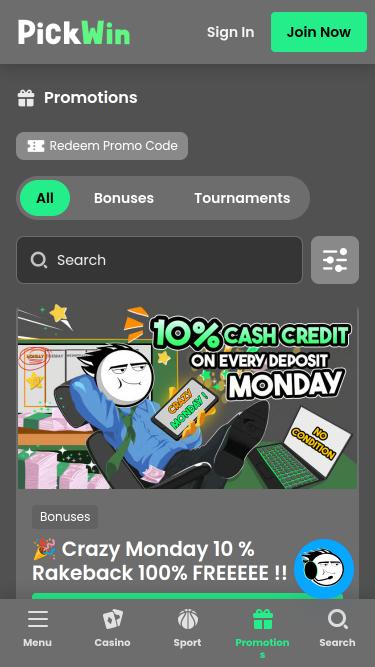 Page mobile des promotions du casino PickWin