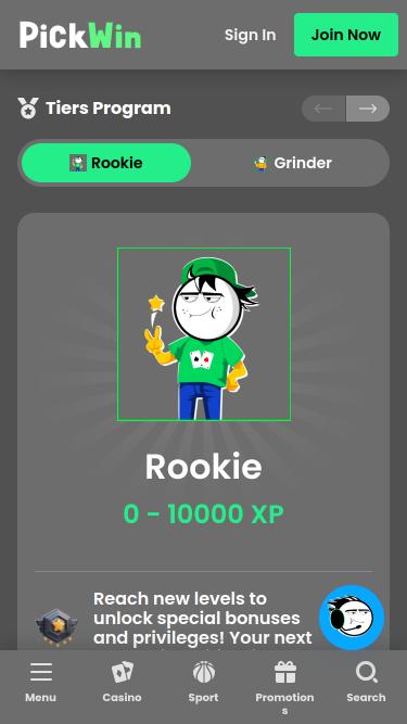 Page mobile VIP du casino PickWin