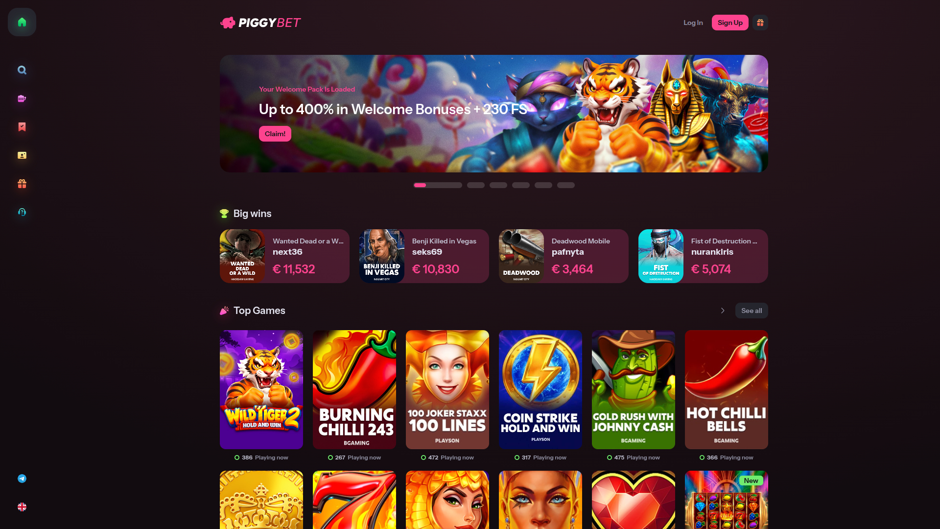 Page d'accueil du casino PiggyBet (version ordinateur)