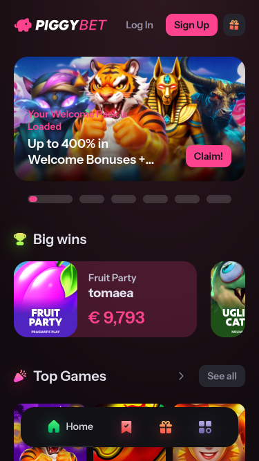 Page d'accueil mobile du casino PiggyBet