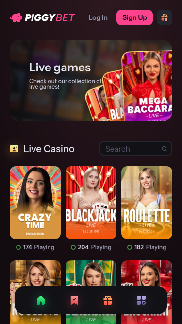 PiggyBet Casino avec croupiers en direct sur mobile