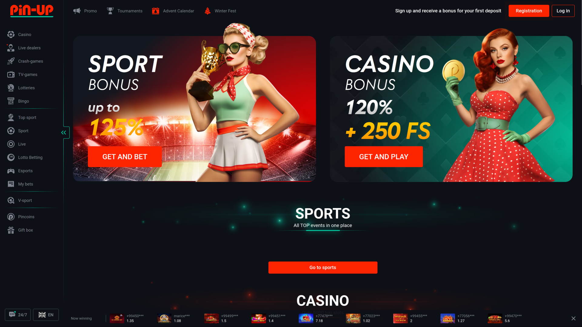 Pagina iniziale desktop di Pin Up Casino