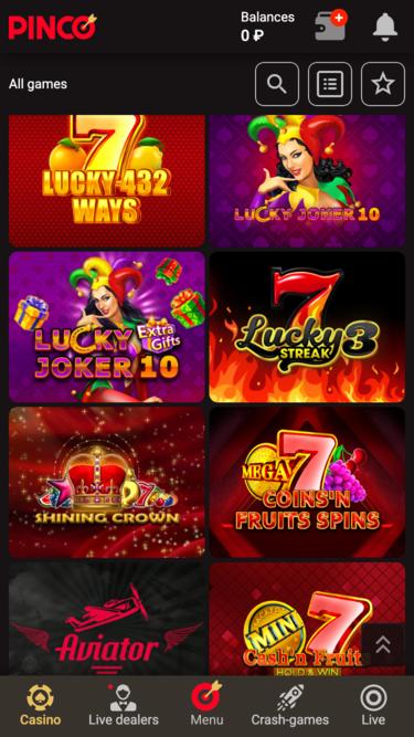 Jeux de casino Pinco Mobile