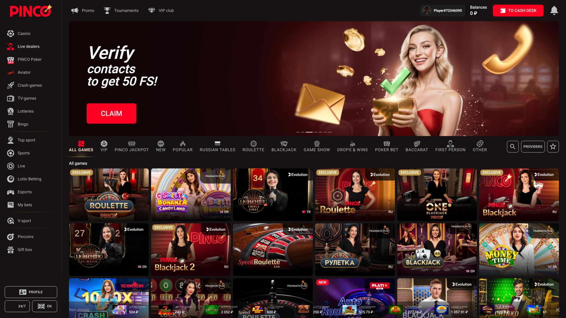 Pinco Casino Croupier en direct sur ordinateur