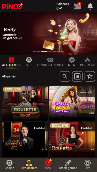Pinco Casino Croupier en direct Mobile