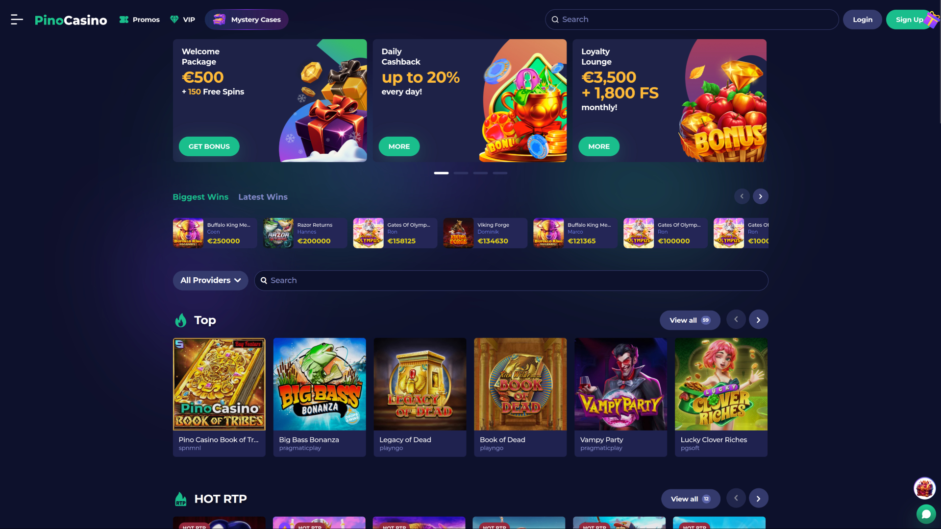 Pino Casino Desktop-Startseite