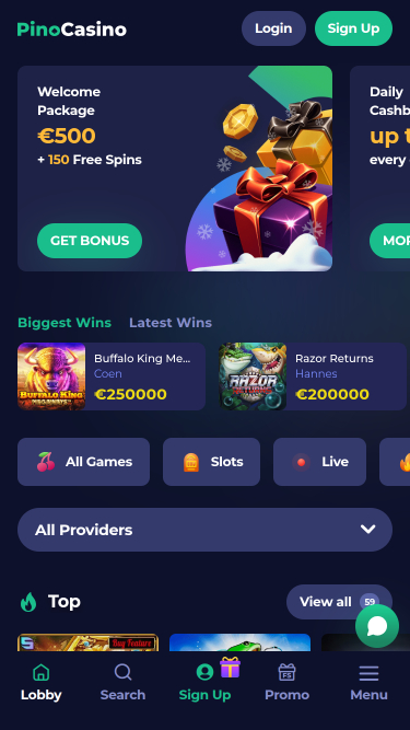 Pino Casino Mobile Homepage